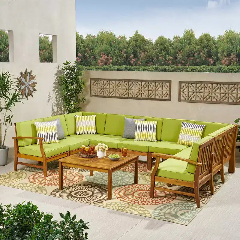 10pc Perla 10pc Acacia Wood Patio Seating Set - Teak/Green - Christopher Knight Home