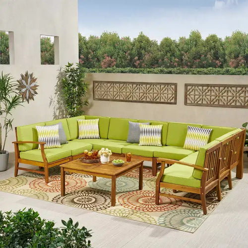 10pc Perla 10pc Acacia Wood Patio Seating Set - Teak/Green - Christopher Knight Home