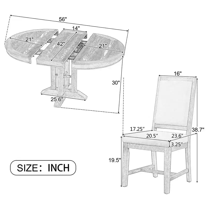 Ensemble de salle à manger de ferme Whisen 5 pièces, comprenant une table à manger ronde extensible et 4 chaises rembourrées.
