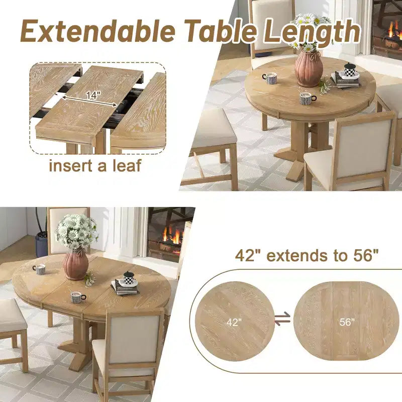 Ensemble de salle à manger de ferme Whisen 5 pièces, comprenant une table à manger ronde extensible et 4 chaises rembourrées.