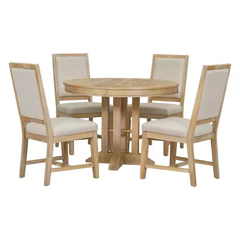 Ensemble de salle à manger de ferme Whisen 5 pièces, comprenant une table à manger ronde extensible et 4 chaises rembourrées.