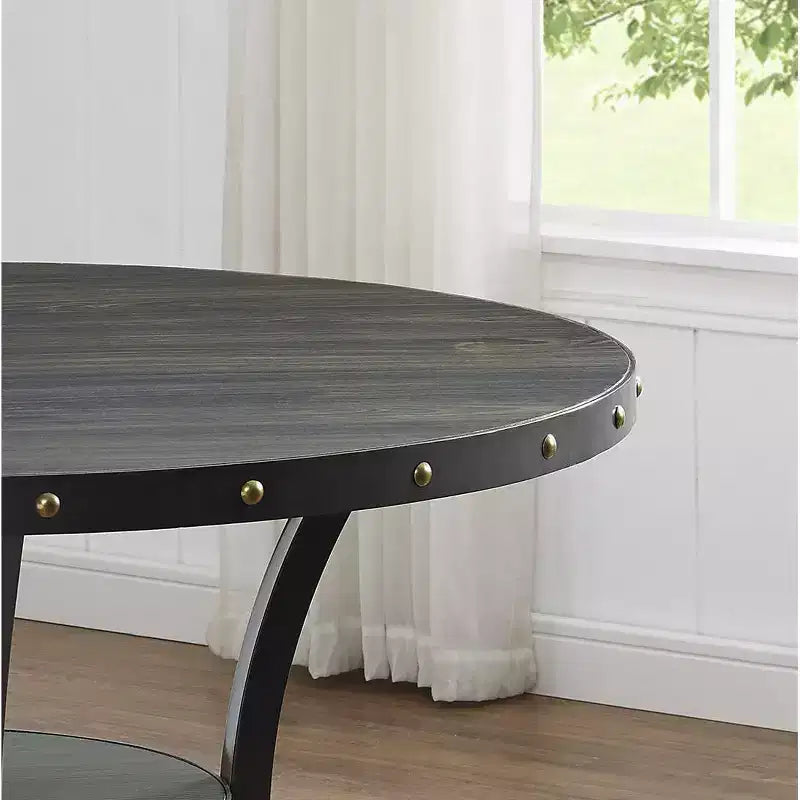 Ensemble de salle à manger Biony Espresso Wood de Roundhill Furniture avec chaises en tissu à têtes cloutées