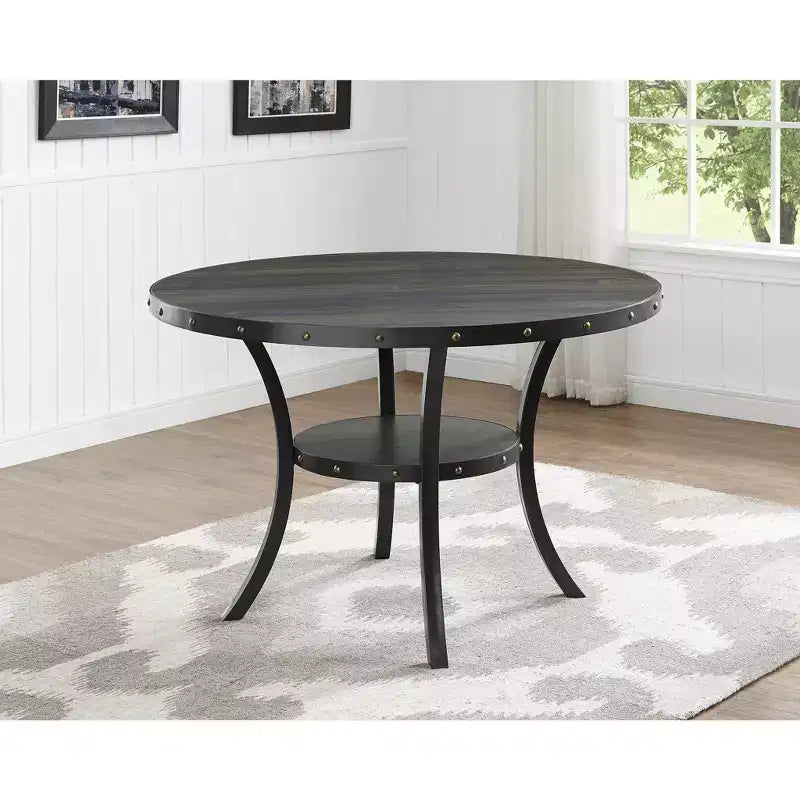 Ensemble de salle à manger Biony Espresso Wood de Roundhill Furniture avec chaises en tissu à têtes cloutées