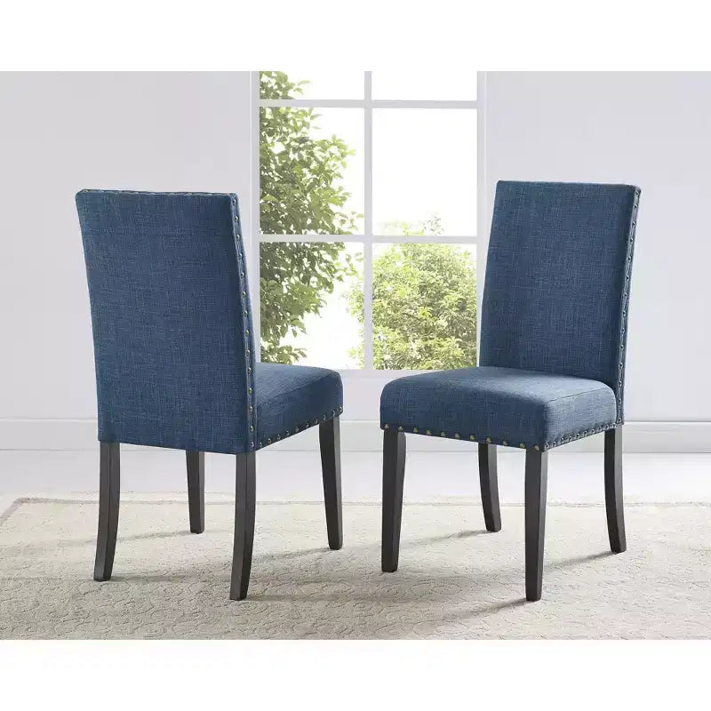 Ensemble de salle à manger Biony Espresso Wood de Roundhill Furniture avec chaises en tissu à têtes cloutées