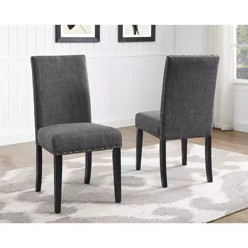 Ensemble de salle à manger Biony Espresso Wood de Roundhill Furniture avec chaises en tissu à têtes cloutées
