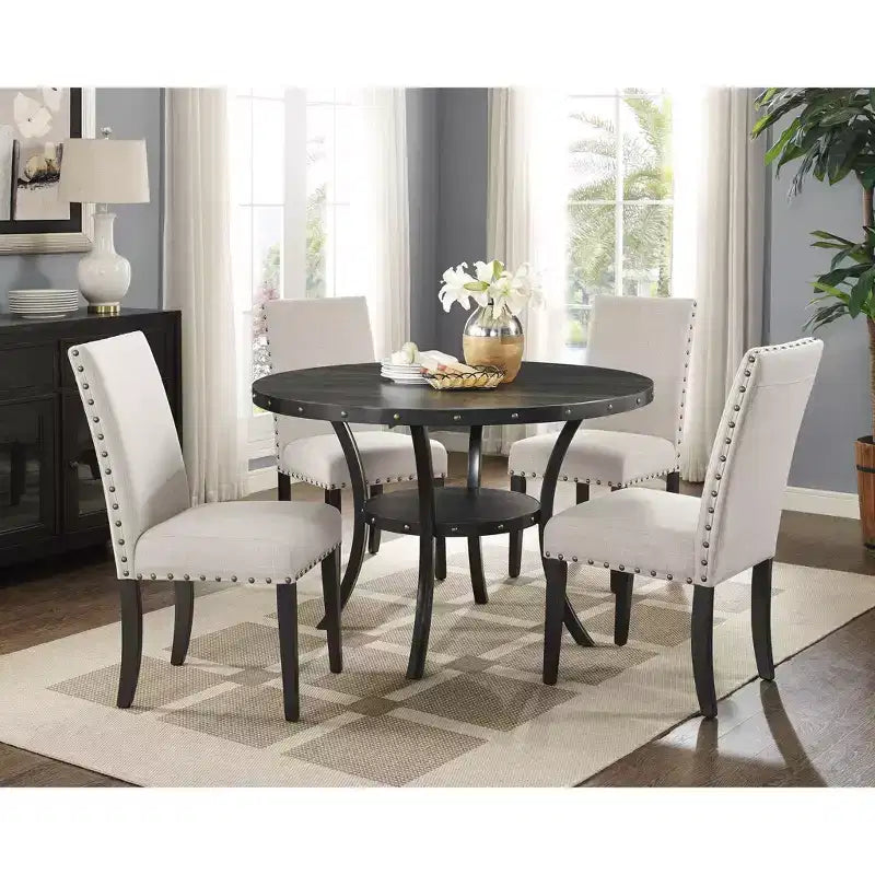 Ensemble de salle à manger Biony Espresso Wood de Roundhill Furniture avec chaises en tissu à têtes cloutées