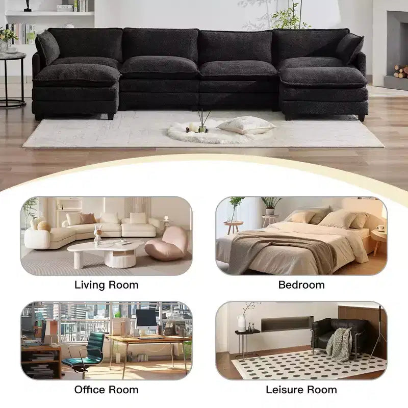 Canapé d'angle en U HYLEORY, ensemble de canapés d'angle modulaires convertibles en velours avec 2 poufs pour salon