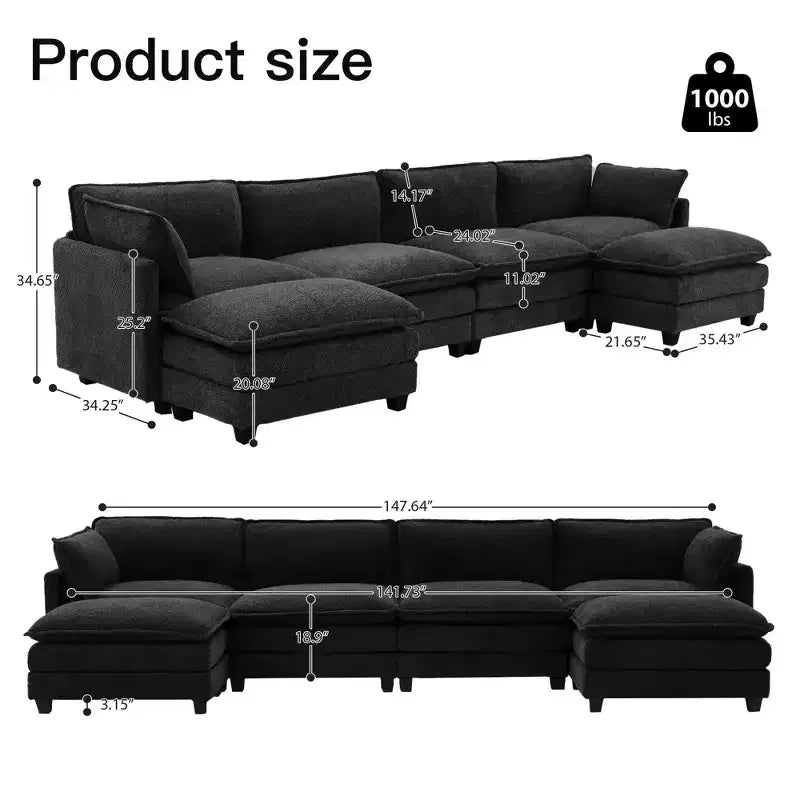 Canapé d'angle en U HYLEORY, ensemble de canapés d'angle modulaires convertibles en velours avec 2 poufs pour salon