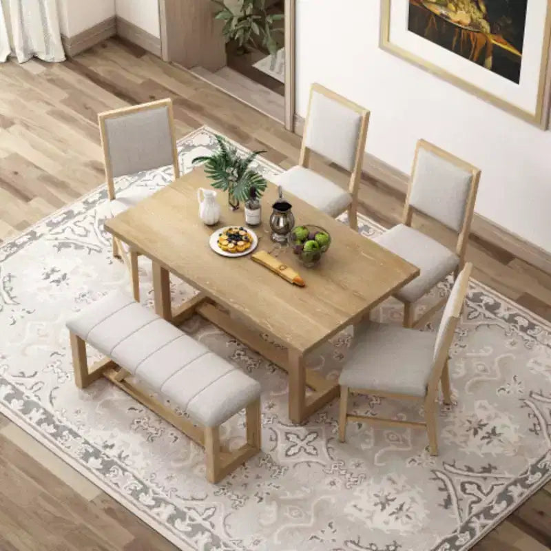 Ensemble de salle à manger rétro 6 pièces, 1 table rectangulaire avec piètement tréteau design, 4 chaises rembourrées et 1 banc pour salle à manger et cuisine