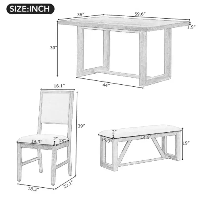 Ensemble de salle à manger rétro 6 pièces, 1 table rectangulaire avec piètement tréteau design, 4 chaises rembourrées et 1 banc pour salle à manger et cuisine