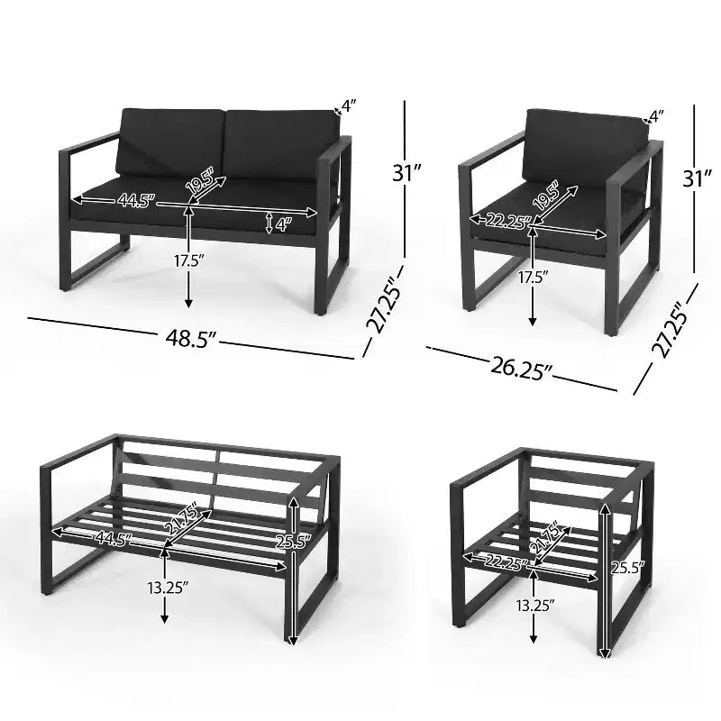 Christopher Knight Home Eclipse Ensemble de conversation extérieur 4 places en aluminium avec foyer, noir/gris foncé