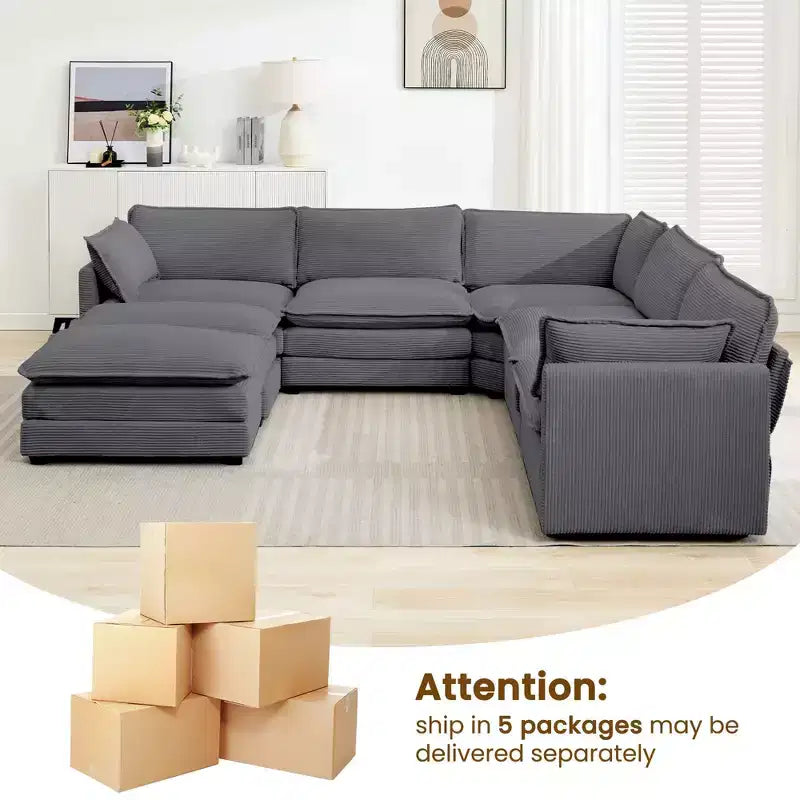 HYLEORY Canapé modulable surdimensionné en velours côtelé de 288 cm de profondeur * 288 cm de large, 7 places, avec double pouf, canapé en U avec canapé d'angle
