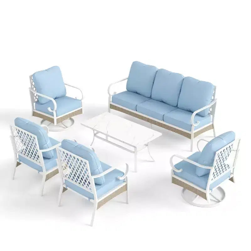 Captiva Designs Salon de jardin 6 pièces extra large en métal et rotin avec fauteuils pivotants à dossier quadrillé et table