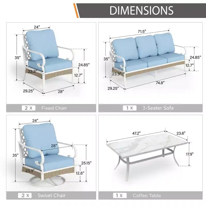 Captiva Designs Salon de jardin 6 pièces extra large en métal et rotin avec fauteuils pivotants à dossier quadrillé et table