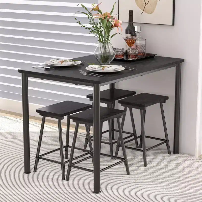 VECELO Ensemble Table et 4 Chaises de Salle à Manger, Meubles de Cuisine en Panneau MDF et Cadre Métallique Rectangulaire, Gain de Place, Noir/Marron/Chêne