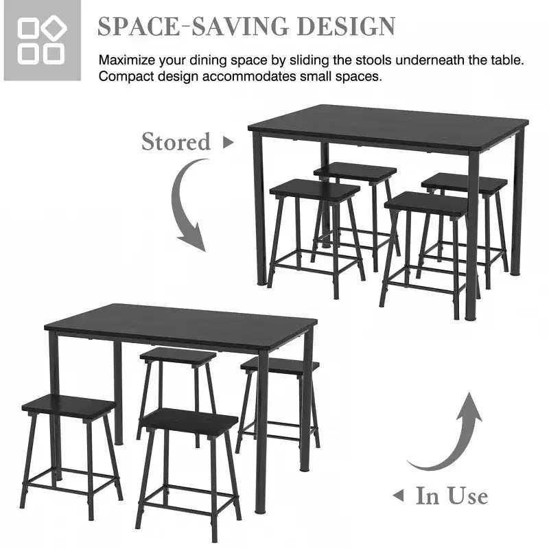 VECELO Ensemble Table et 4 Chaises de Salle à Manger, Meubles de Cuisine en Panneau MDF et Cadre Métallique Rectangulaire, Gain de Place, Noir/Marron/Chêne