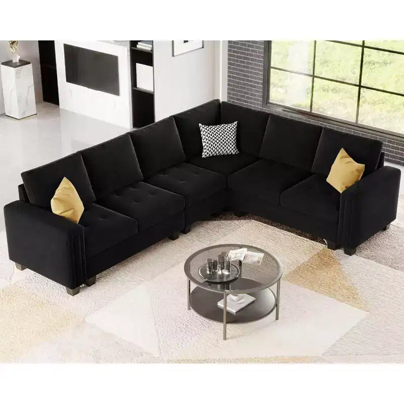 Canapé d'angle modulable en velours tufté Belffin avec méridienne réversible, ensemble de canapés modulables convertibles avec pouf de rangement