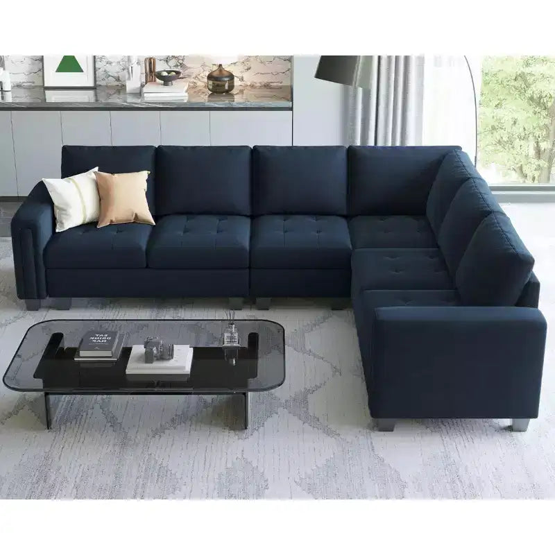 Canapé d'angle modulable en velours tufté Belffin avec méridienne réversible, ensemble de canapés modulables convertibles avec pouf de rangement