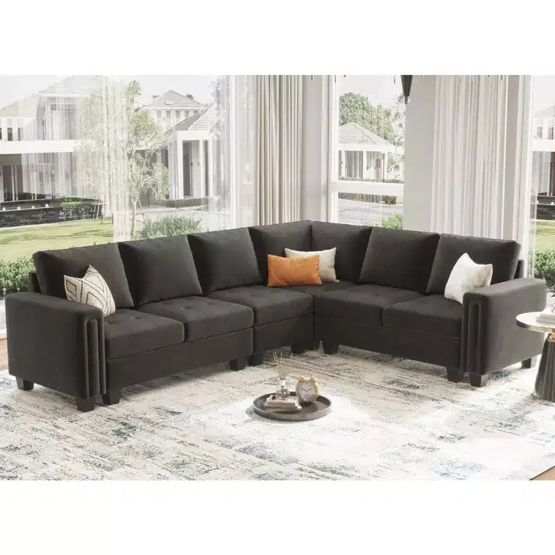 Canapé d'angle modulable en velours tufté Belffin avec méridienne réversible, ensemble de canapés modulables convertibles avec pouf de rangement