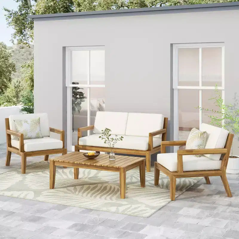 Christopher Knight Home Rossville Ensemble de conversation 4 places d'extérieur en bois d'acacia avec coussins, teck/beige