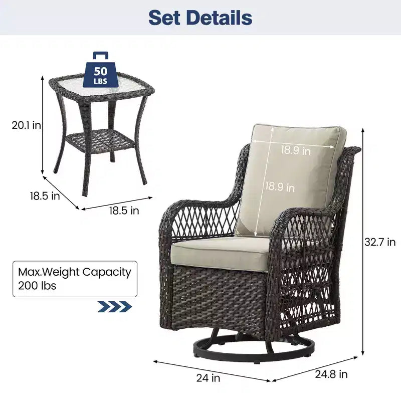 Ensemble de 3 fauteuils à bascule pivotants Acekool avec table d'appoint et coussins épais Plusieurs options de couleurs pour patio, véranda ou piscine