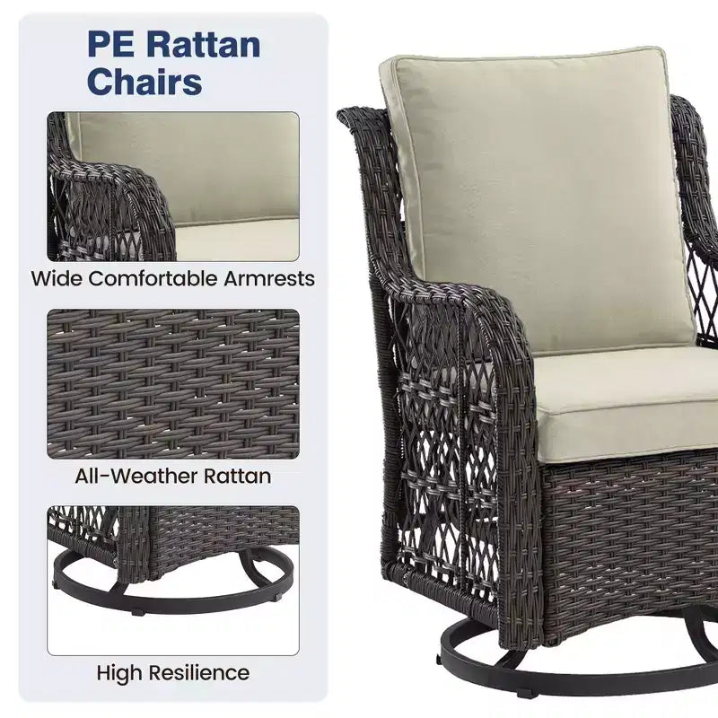 Ensemble de 3 fauteuils à bascule pivotants Acekool avec table d'appoint et coussins épais Plusieurs options de couleurs pour patio, véranda ou piscine