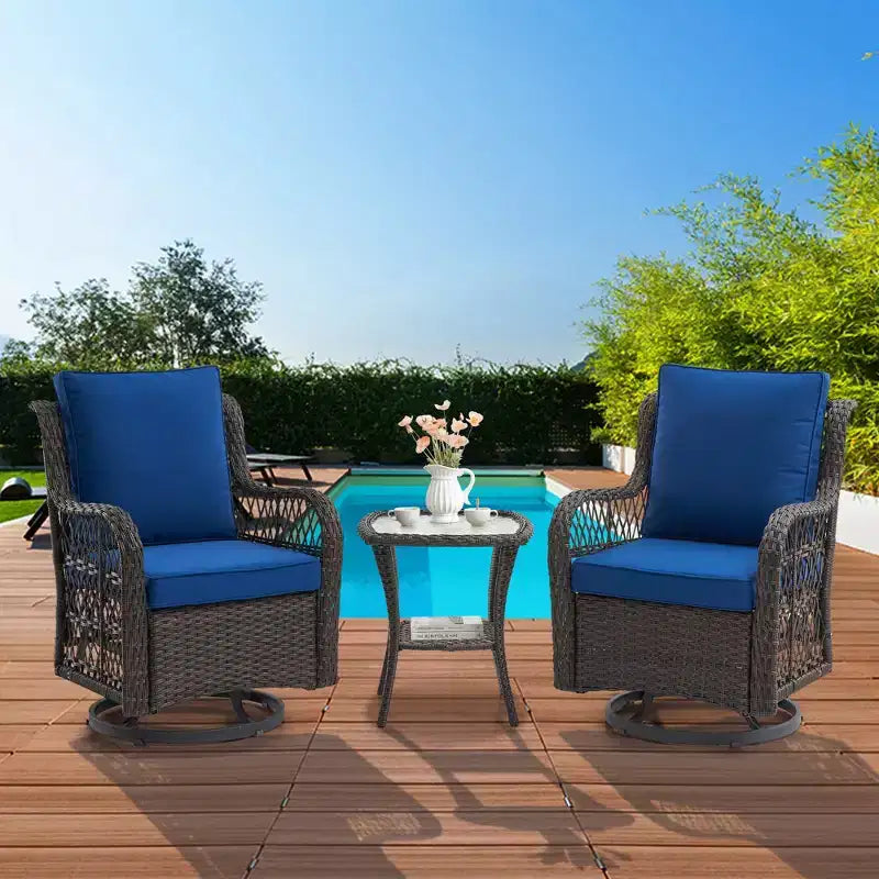Ensemble de 3 fauteuils à bascule pivotants Acekool avec table d'appoint et coussins épais Plusieurs options de couleurs pour patio, véranda ou piscine