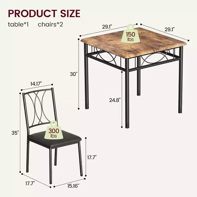 Ensemble table et chaises de salle à manger pour 2, table à manger rectangulaire et chaises, ensemble de table de cuisine en bois avec 2 chaises rembourrées, petit ensemble de table pour appartement