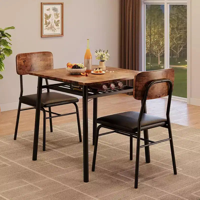 Ensemble de salle à manger 3 pièces pour 2 avec étagère de rangement Table carrée à cadre métallique et chaises rembourrées, ensemble de cuisine peu encombrant pour appartement