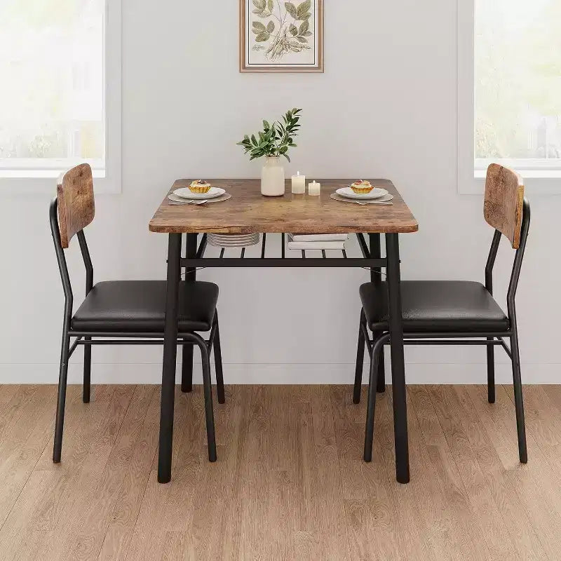 Ensemble de salle à manger 3 pièces pour 2 avec étagère de rangement Table carrée à cadre métallique et chaises rembourrées, ensemble de cuisine peu encombrant pour appartement
