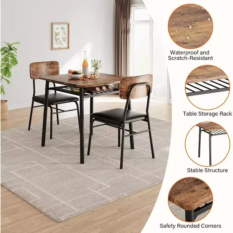 Ensemble de salle à manger 3 pièces pour 2 avec étagère de rangement Table carrée à cadre métallique et chaises rembourrées, ensemble de cuisine peu encombrant pour appartement