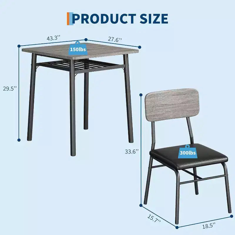 Ensemble de salle à manger 3 pièces pour 2 avec étagère de rangement Table carrée à cadre métallique et chaises rembourrées, ensemble de cuisine peu encombrant pour appartement