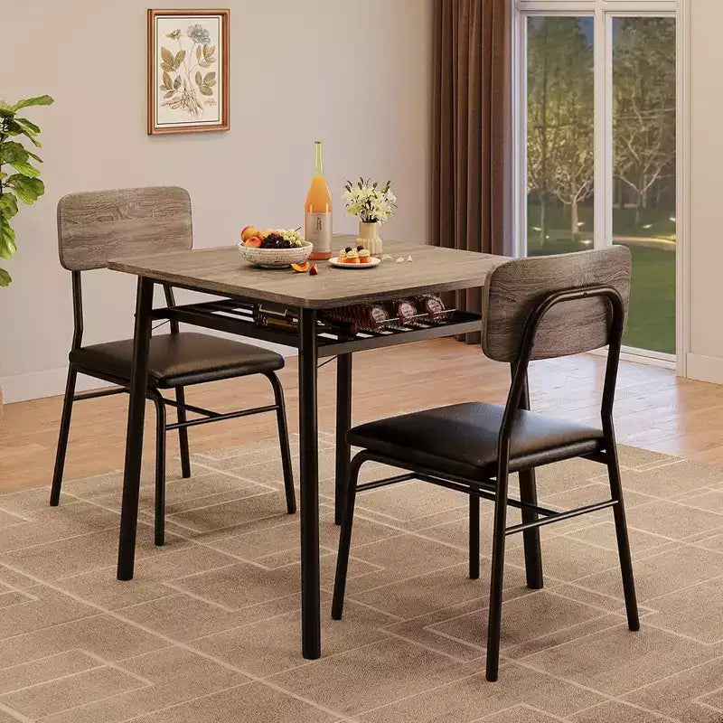 Ensemble de salle à manger 3 pièces pour 2 avec étagère de rangement Table carrée à cadre métallique et chaises rembourrées, ensemble de cuisine peu encombrant pour appartement