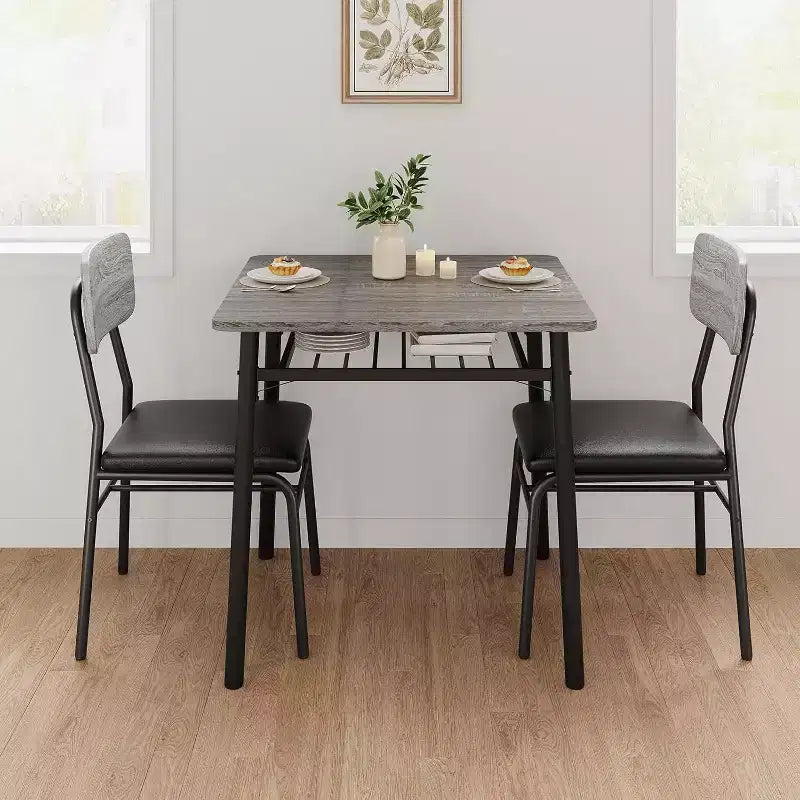 Ensemble de salle à manger 3 pièces pour 2 avec étagère de rangement Table carrée à cadre métallique et chaises rembourrées, ensemble de cuisine peu encombrant pour appartement