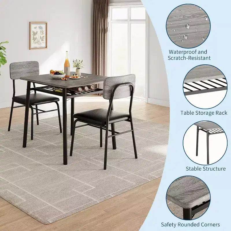 Ensemble de salle à manger 3 pièces pour 2 avec étagère de rangement Table carrée à cadre métallique et chaises rembourrées, ensemble de cuisine peu encombrant pour appartement