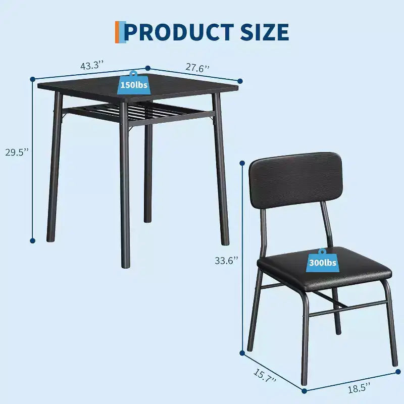 Ensemble de salle à manger 3 pièces pour 2 avec étagère de rangement Table carrée à cadre métallique et chaises rembourrées, ensemble de cuisine peu encombrant pour appartement