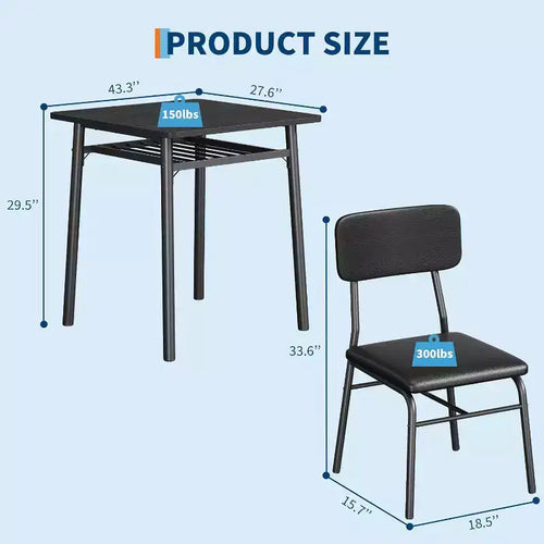 Ensemble de salle à manger 3 pièces pour 2 avec étagère de rangement Table carrée à cadre métallique et chaises rembourrées, ensemble de cuisine peu encombrant pour appartement