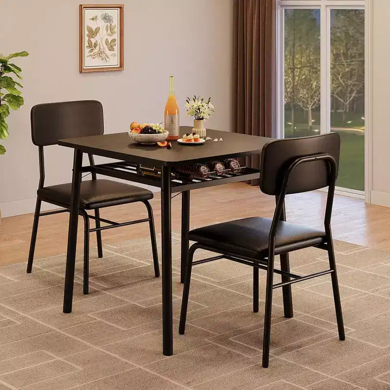 Ensemble de salle à manger 3 pièces pour 2 avec étagère de rangement Table carrée à cadre métallique et chaises rembourrées, ensemble de cuisine peu encombrant pour appartement