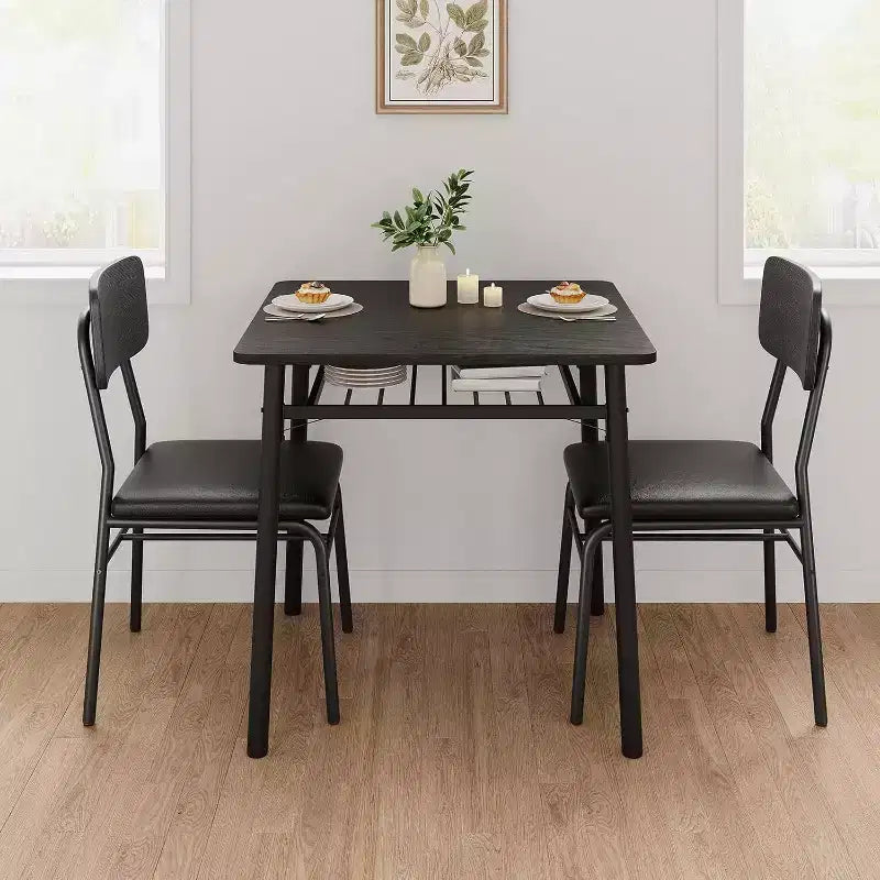 Ensemble de salle à manger 3 pièces pour 2 avec étagère de rangement Table carrée à cadre métallique et chaises rembourrées, ensemble de cuisine peu encombrant pour appartement