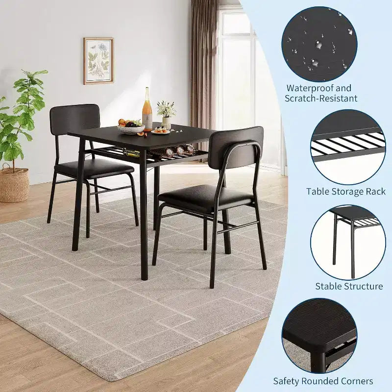 Ensemble de salle à manger 3 pièces pour 2 avec étagère de rangement Table carrée à cadre métallique et chaises rembourrées, ensemble de cuisine peu encombrant pour appartement