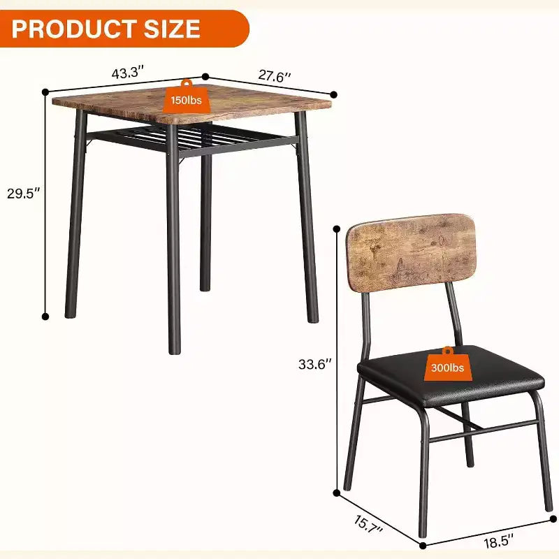 Ensemble de salle à manger 3 pièces pour 2 avec étagère de rangement Table carrée à cadre métallique et chaises rembourrées, ensemble de cuisine peu encombrant pour appartement