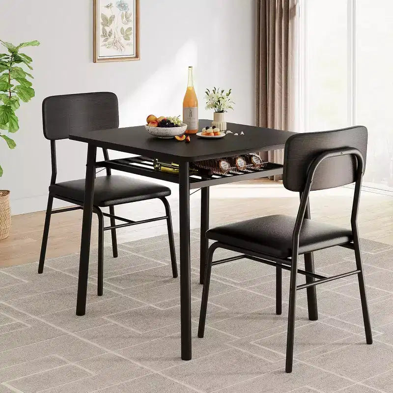 3-Piece Dining Set for 2 with Storage Rack  Metal Frame Square Table & Upholstered Chairs, Space-Saving Apartment Kitchen Set