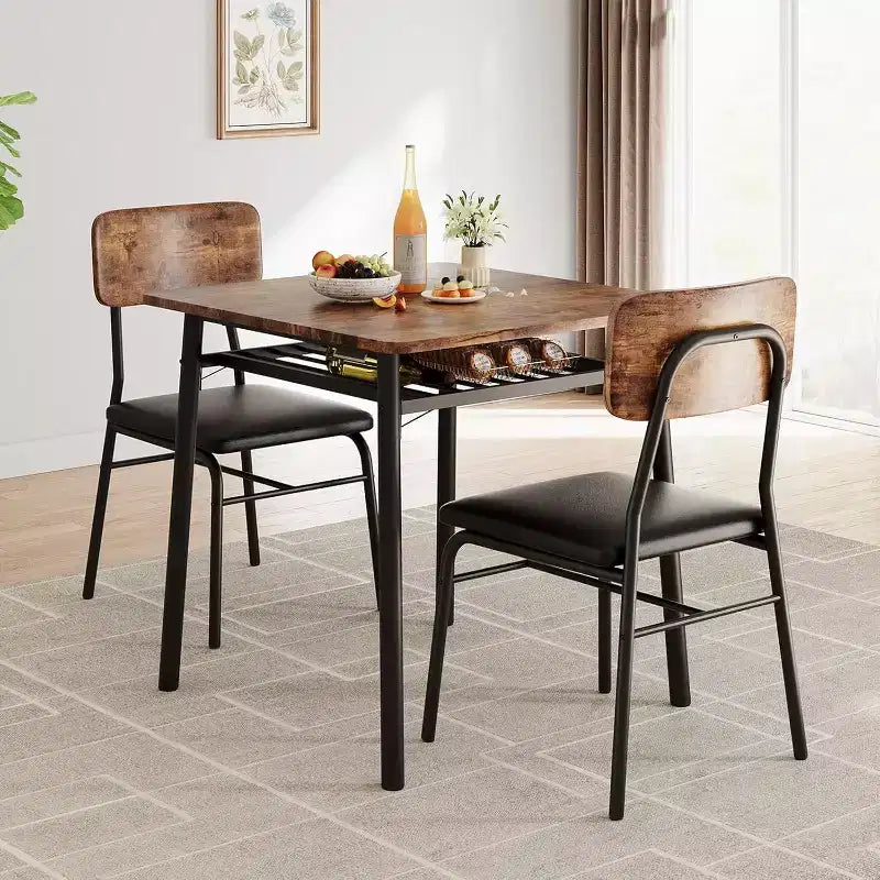 Ensemble de salle à manger 3 pièces pour 2 avec étagère de rangement Table carrée à cadre métallique et chaises rembourrées, ensemble de cuisine peu encombrant pour appartement