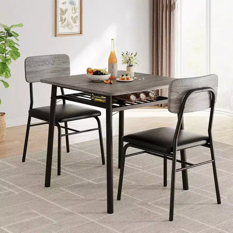 Ensemble de salle à manger 3 pièces pour 2 avec étagère de rangement Table carrée à cadre métallique et chaises rembourrées, ensemble de cuisine peu encombrant pour appartement