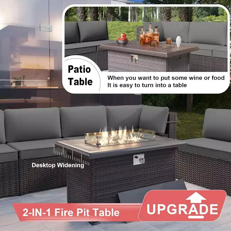 ALAULM Ensemble de mobilier de jardin 13 pièces, Ensembles de conversation d'extérieur en rotin osier, Ensemble de canapés avec table brasero à propane de 109 cm