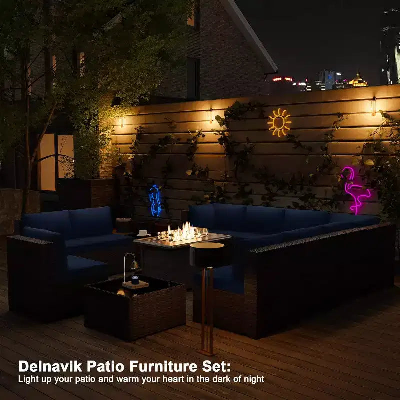 ALAULM Ensemble de mobilier de jardin 13 pièces, Ensembles de conversation d'extérieur en rotin osier, Ensemble de canapés avec table brasero à propane de 109 cm