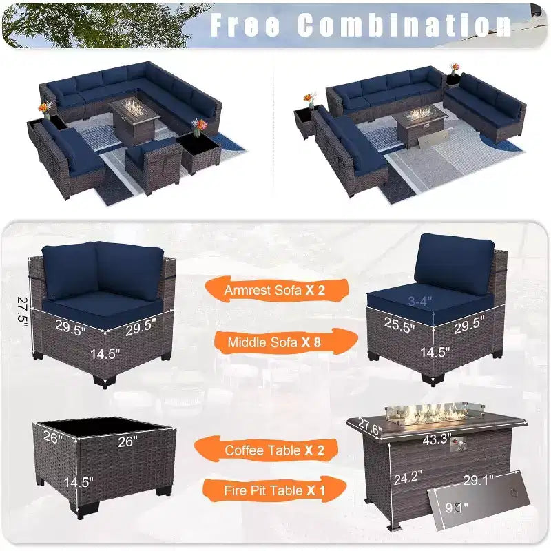 ALAULM Ensemble de mobilier de jardin 13 pièces, Ensembles de conversation d'extérieur en rotin osier, Ensemble de canapés avec table brasero à propane de 109 cm