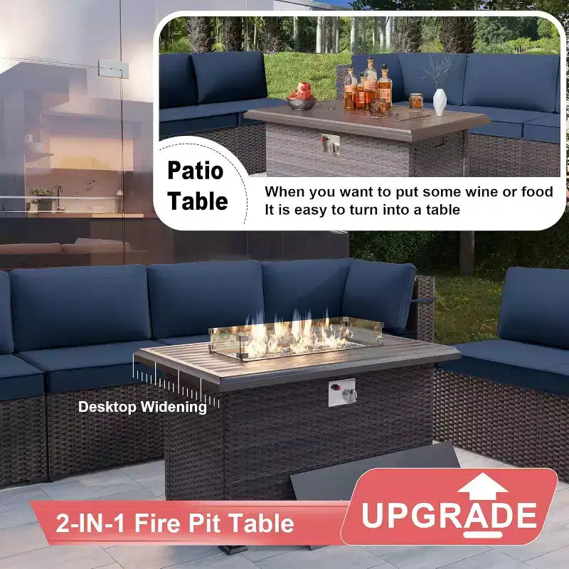 ALAULM Ensemble de mobilier de jardin 13 pièces, Ensembles de conversation d'extérieur en rotin osier, Ensemble de canapés avec table brasero à propane de 109 cm