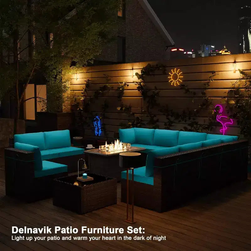 ALAULM Ensemble de mobilier de jardin 13 pièces, Ensembles de conversation d'extérieur en rotin osier, Ensemble de canapés avec table brasero à propane de 109 cm