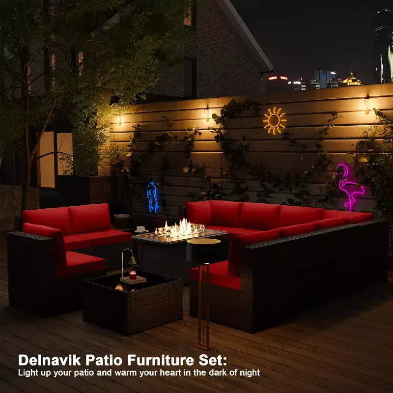 ALAULM Ensemble de mobilier de jardin 13 pièces, Ensembles de conversation d'extérieur en rotin osier, Ensemble de canapés avec table brasero à propane de 109 cm